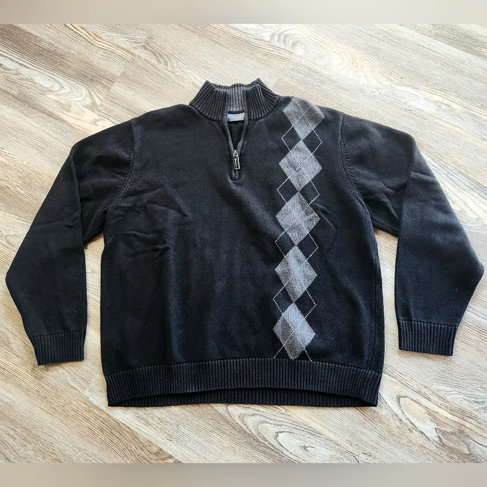 Oscar de la Renta 1/4 Zip Knit Sweater Diamond Stripe Knit Black Grey Mens XL